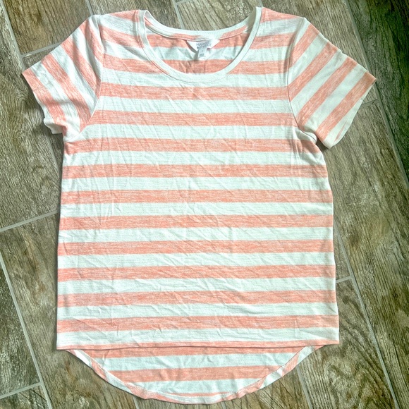 Market & Spruce Tops - Market & Spruce Coral White Striped High Low Short Sleeve Shirt, Women’s Sz Lg